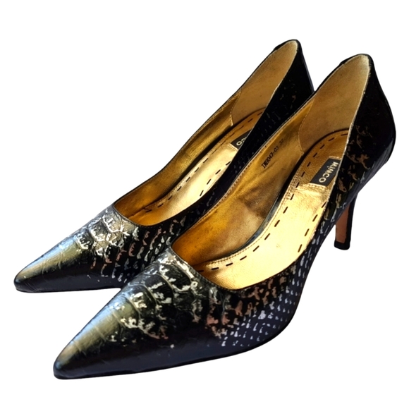 MIMCO Size 37 Leather Black Pointed Toe Silver Embossed Pumps Heels - Picture 2 of 13